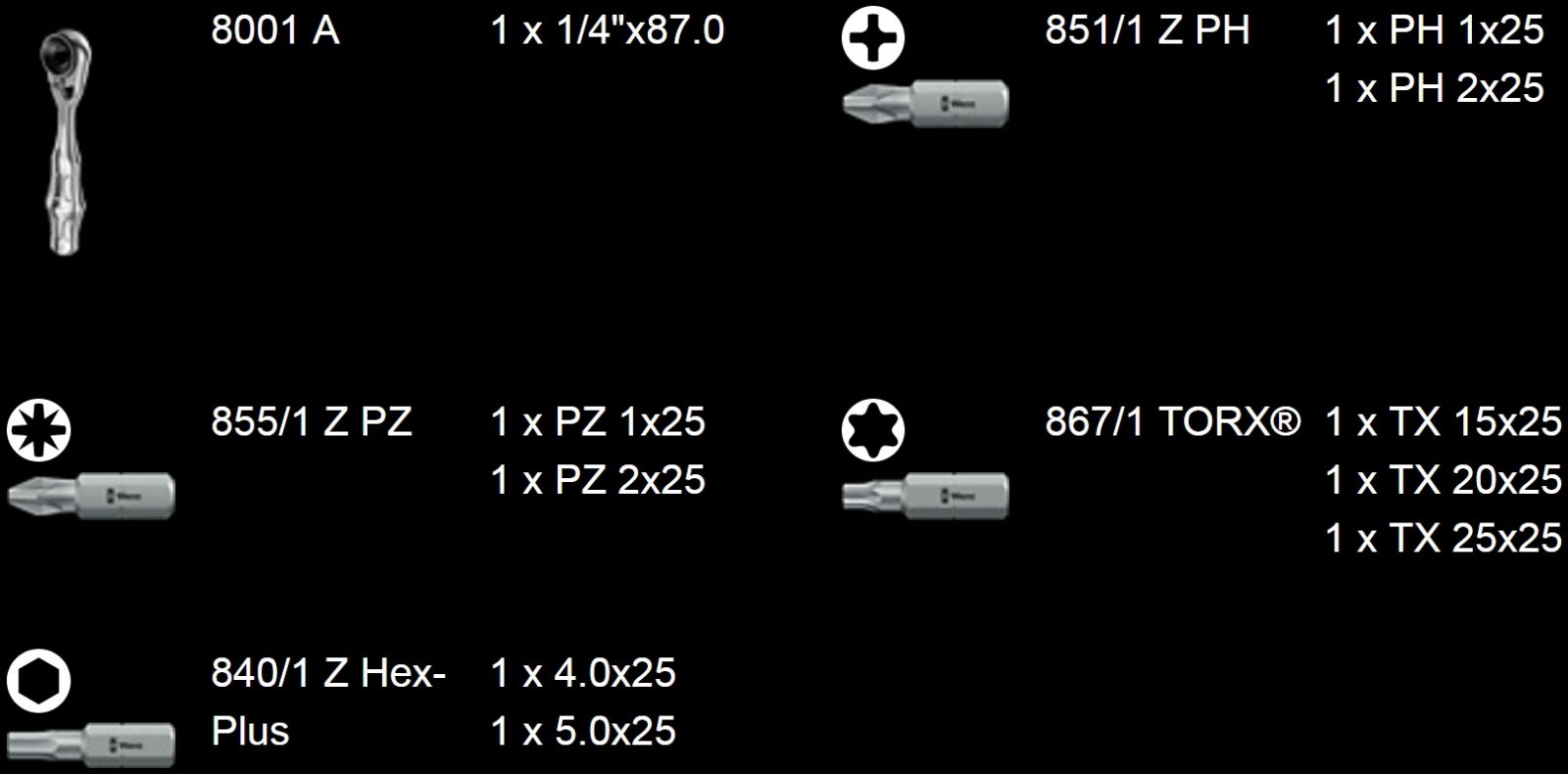 סט ביטים מקצועי למברגה וורה WERA 05073645001 מידות